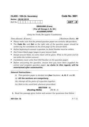 Haryana Board HBSE Class 12 English (Core) -B 2018 Question Paper