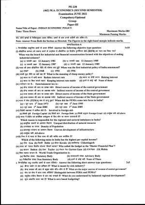 Bilaspur University Question Paper June 2022:M.A. Economics (Second Semester) Indian Economic Policy Paper 1