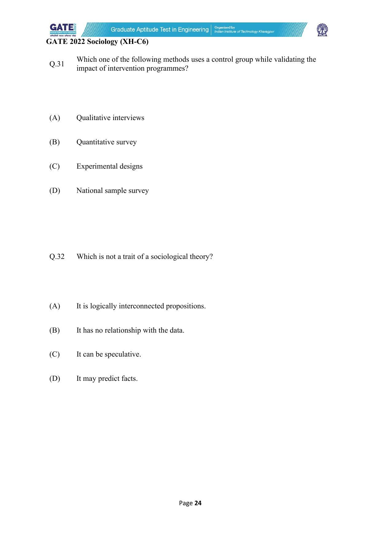 GATE 2022 Humanities & Social Sciences - Sociology (XH-C6) Question Paper - Page 24