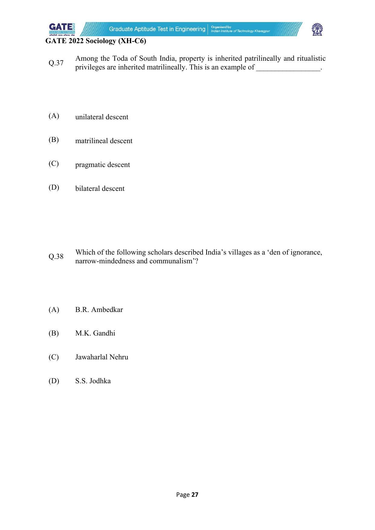 GATE 2022 Humanities & Social Sciences - Sociology (XH-C6) Question Paper - Page 27