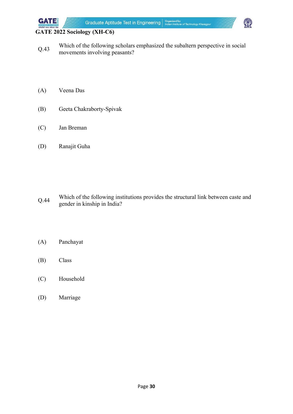 GATE 2022 Humanities & Social Sciences - Sociology (XH-C6) Question Paper - Page 30