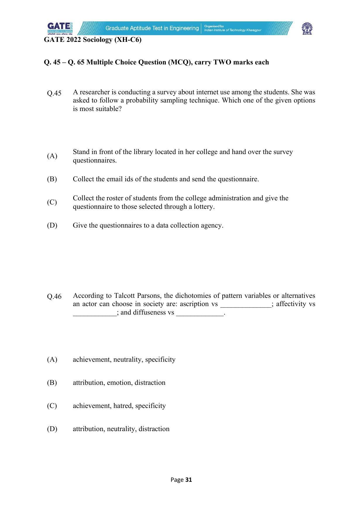 GATE 2022 Humanities & Social Sciences - Sociology (XH-C6) Question Paper - Page 31