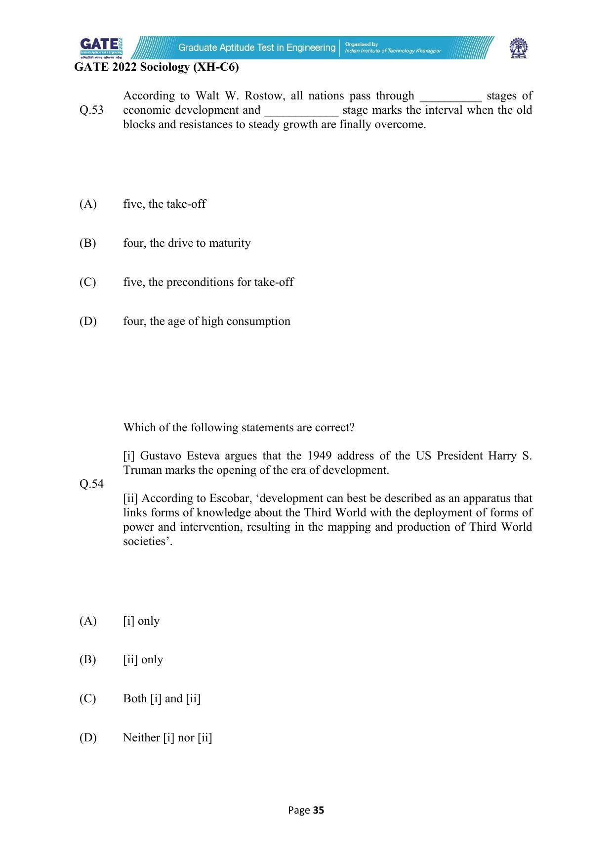 GATE 2022 Humanities & Social Sciences - Sociology (XH-C6) Question Paper - Page 35