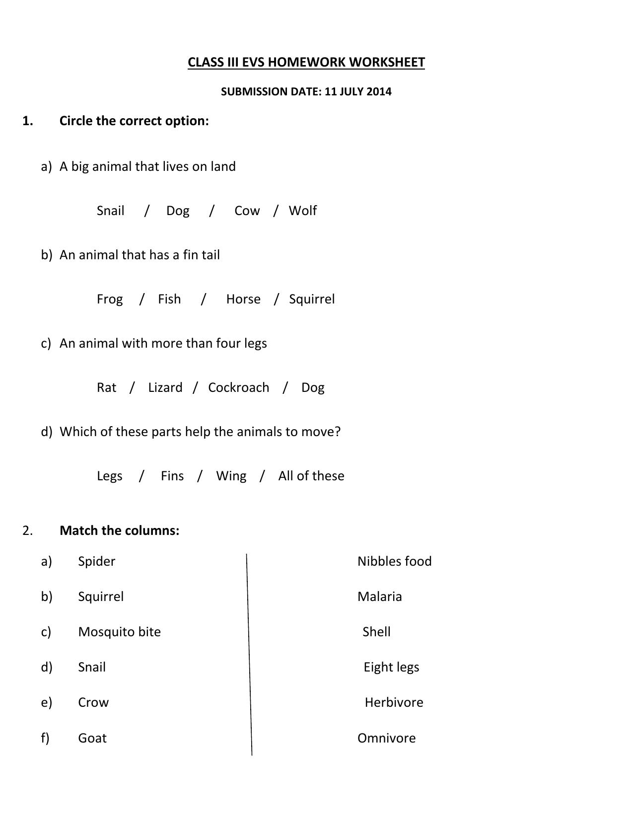 Worksheet for Class 3 EVS Assignment 66 Animals - Page 1