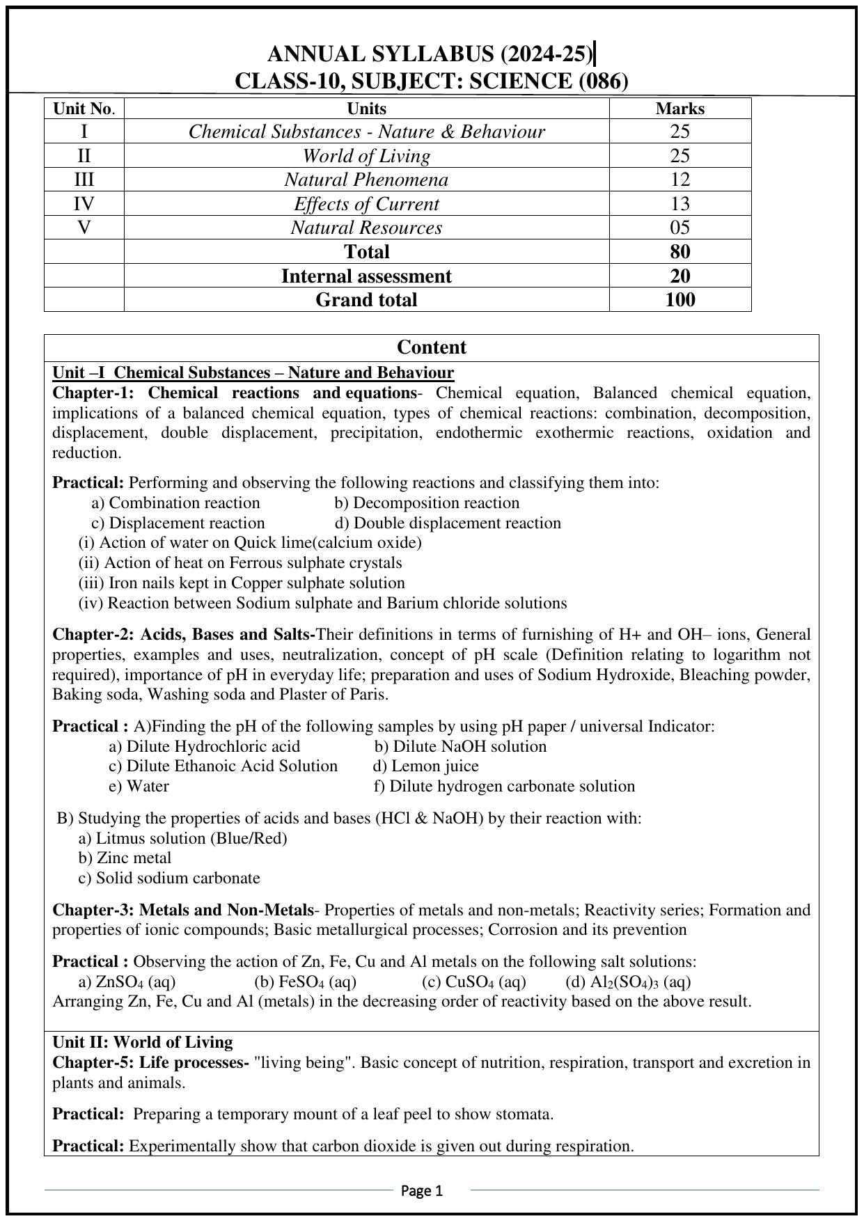 Edudel Class 10 Science (English Medium) Syllabus 2025 - Page 1