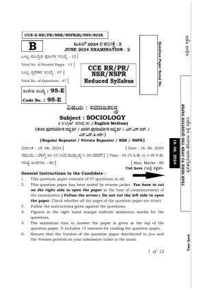 Karnataka SSLC Sociology (English Medium) Exam 2 Question Paper 2024 (B Version)