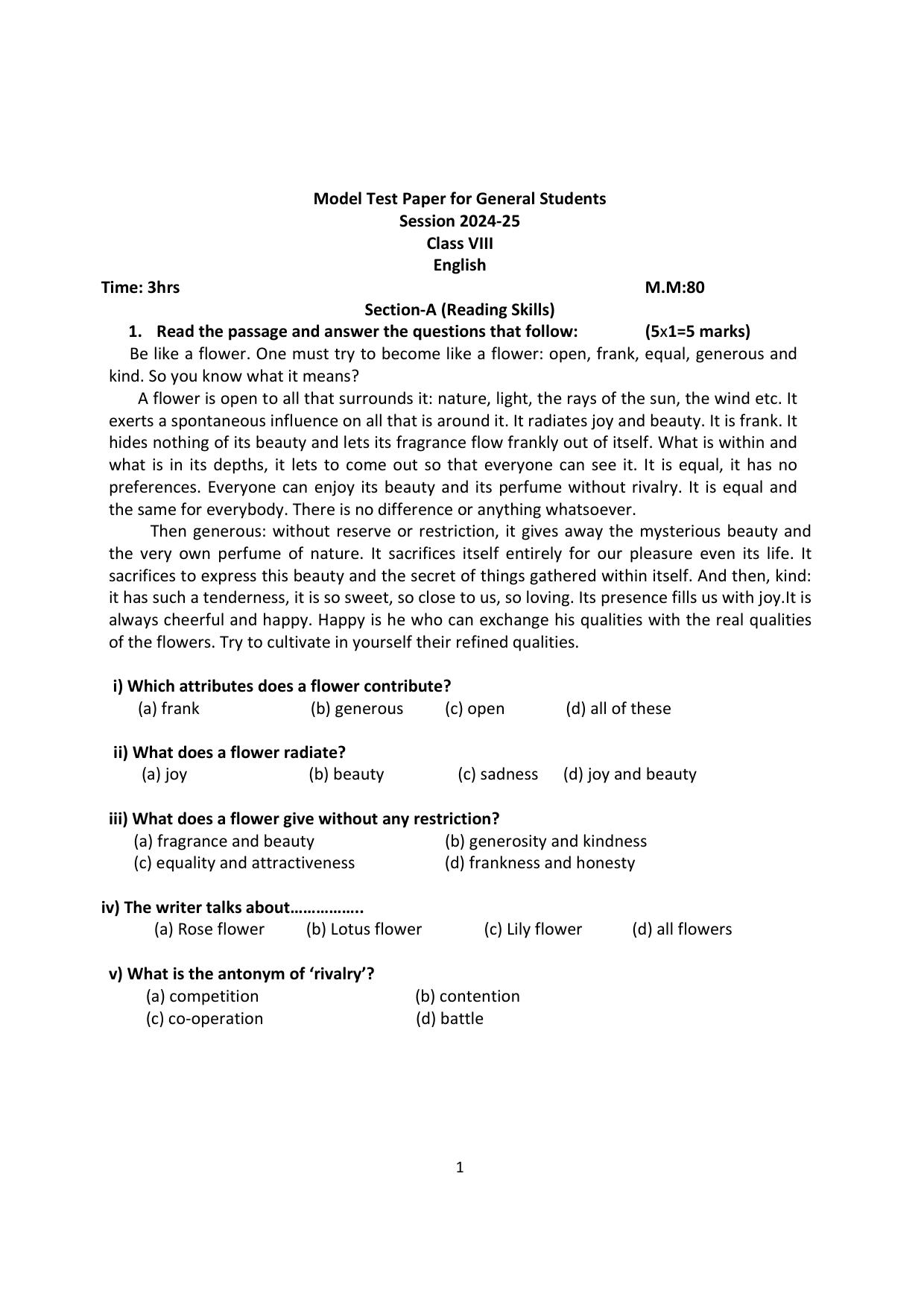 PSEB 8th English Model Paper 2025 - Page 1
