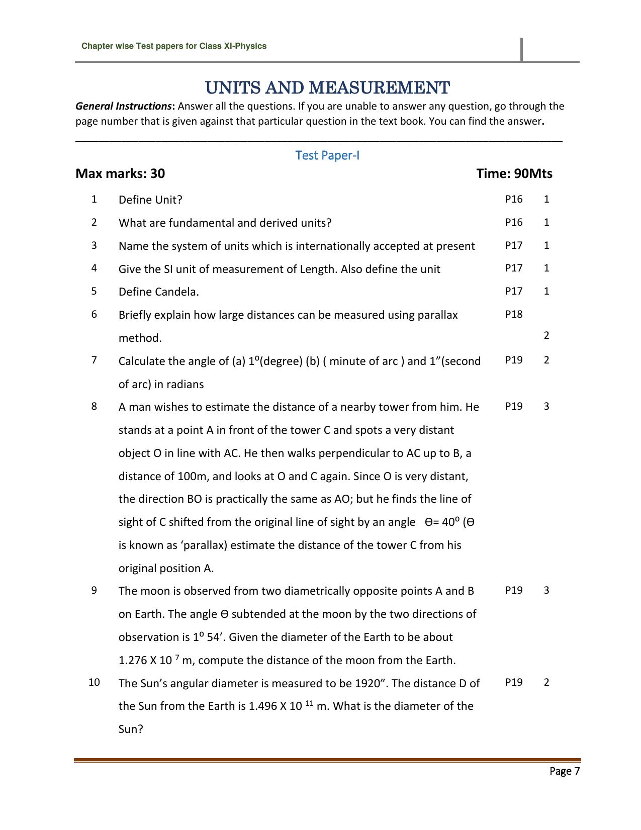 CBSE Worksheets for Class 11 Physics Units and Measurement Assignment 1 - Page 1