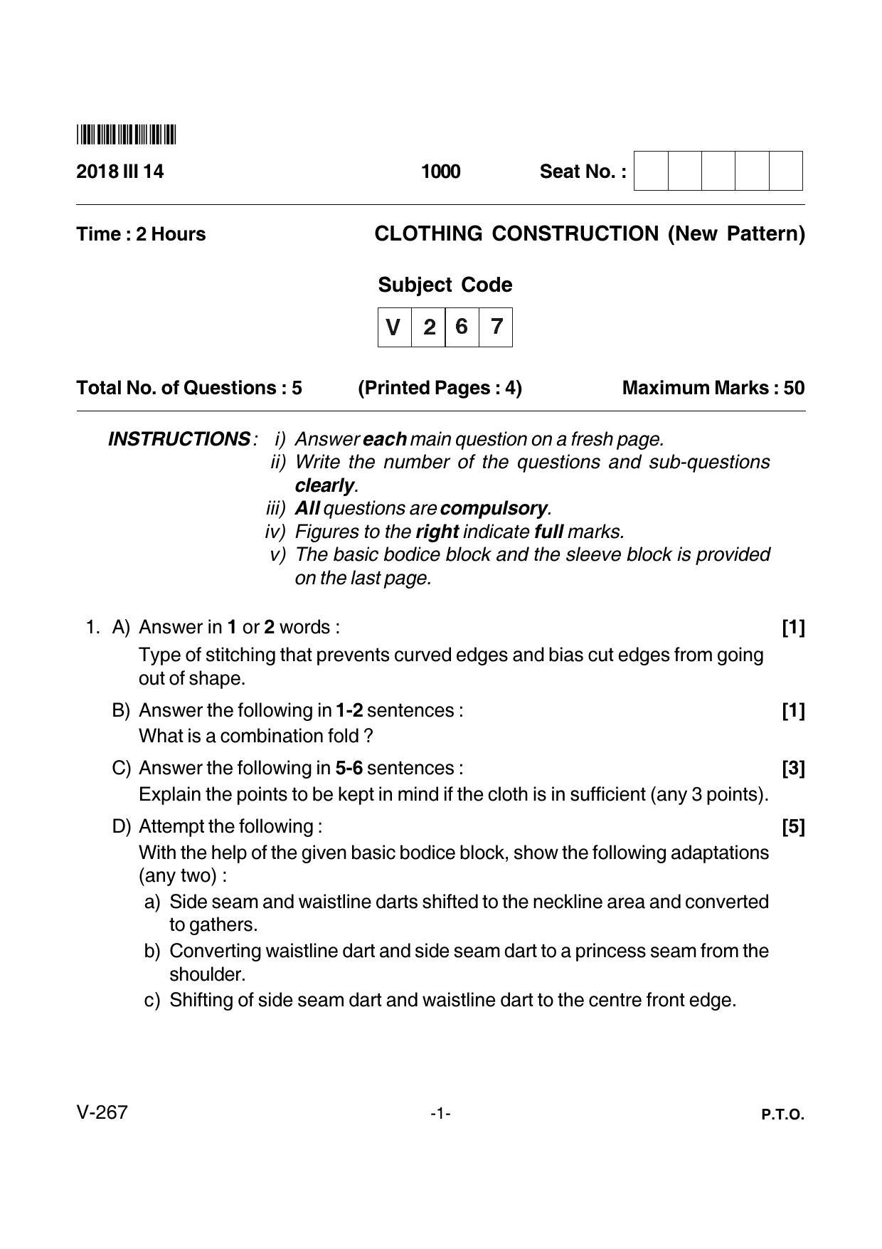 Goa Board Class 12 Clothing Construction Voc 267 New Pattern (March 2018) Question Paper - Page 1