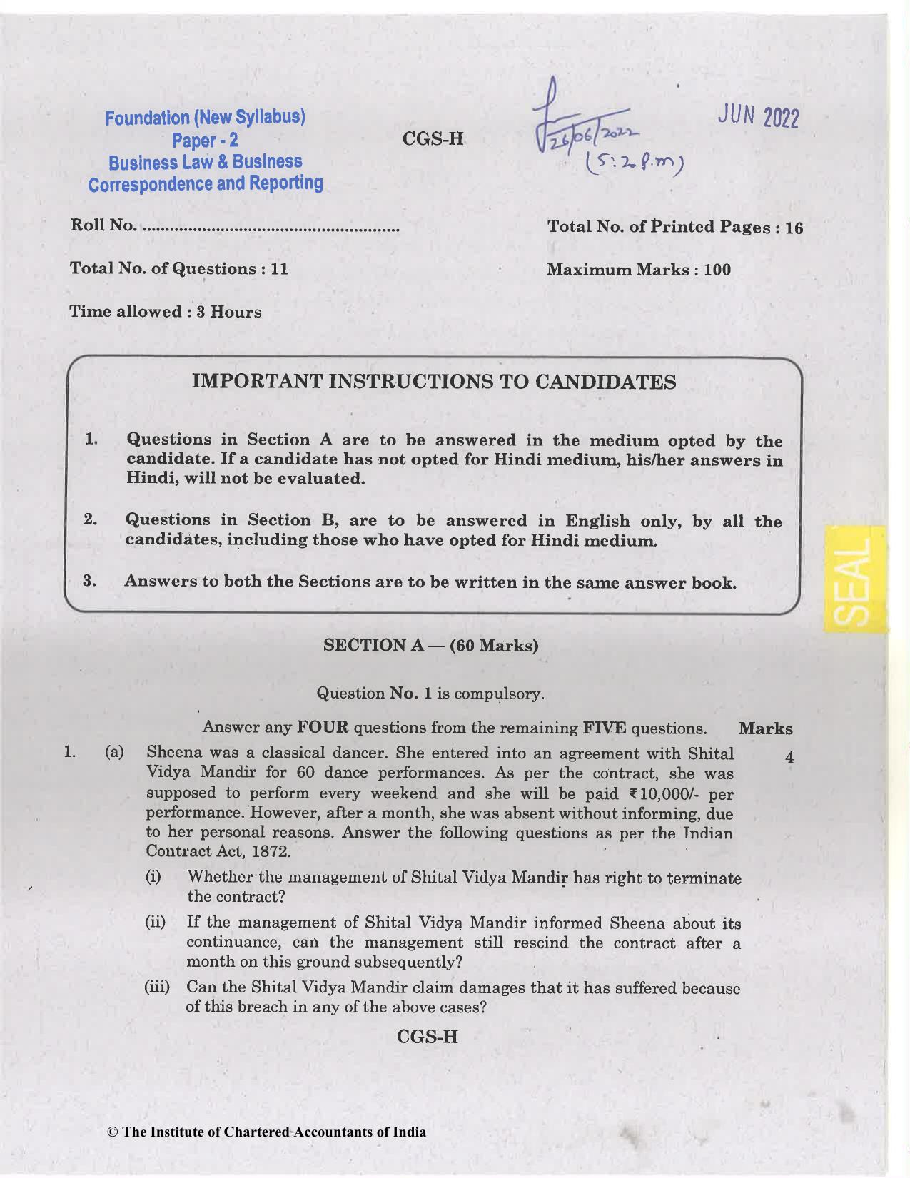 CA Foundation May 2022 Question Paper - Paper 2 (Business Laws and Business Correspondence and Reporting) - Page 1