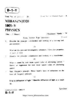 JKBOSE Class 12 Physics 1801-Y Question Papers 2020