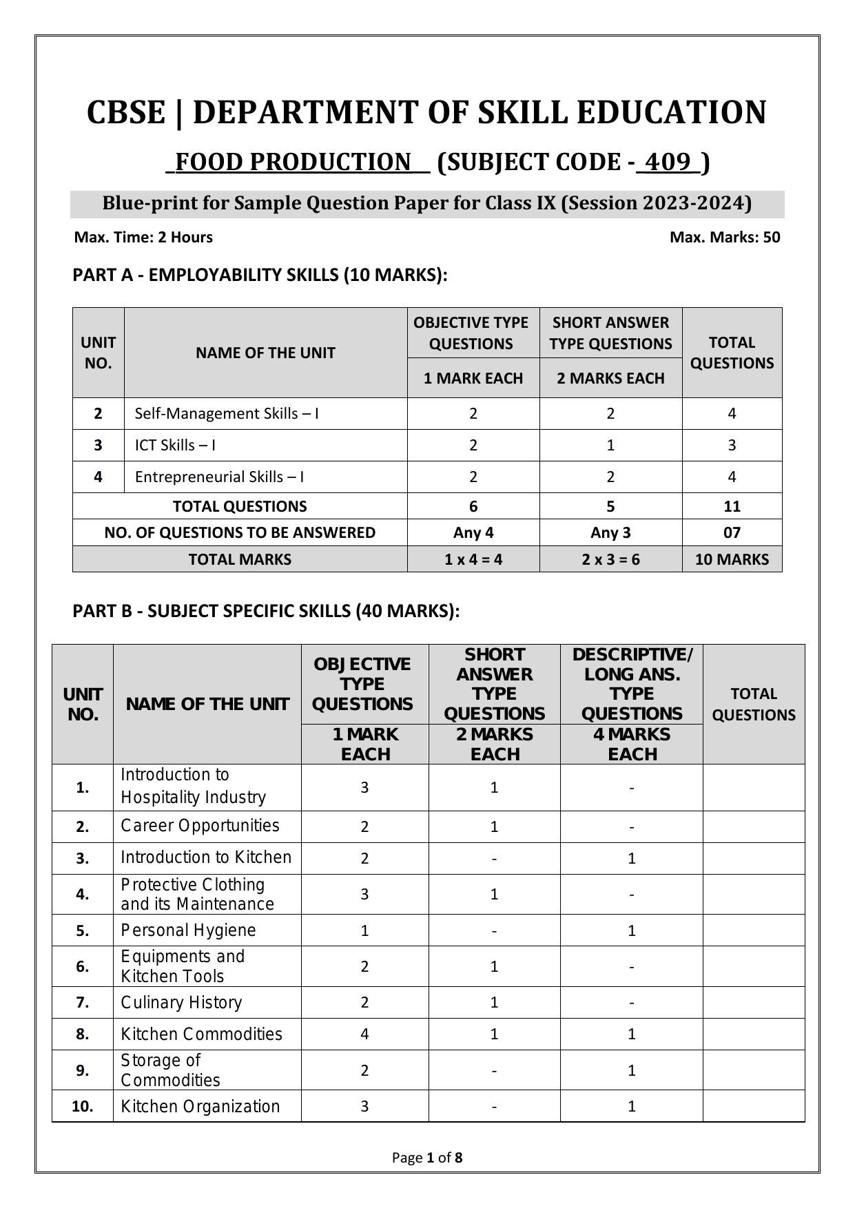 CBSE Class 9 Food Production Skill Education-Sample Paper 2024 - Page 1