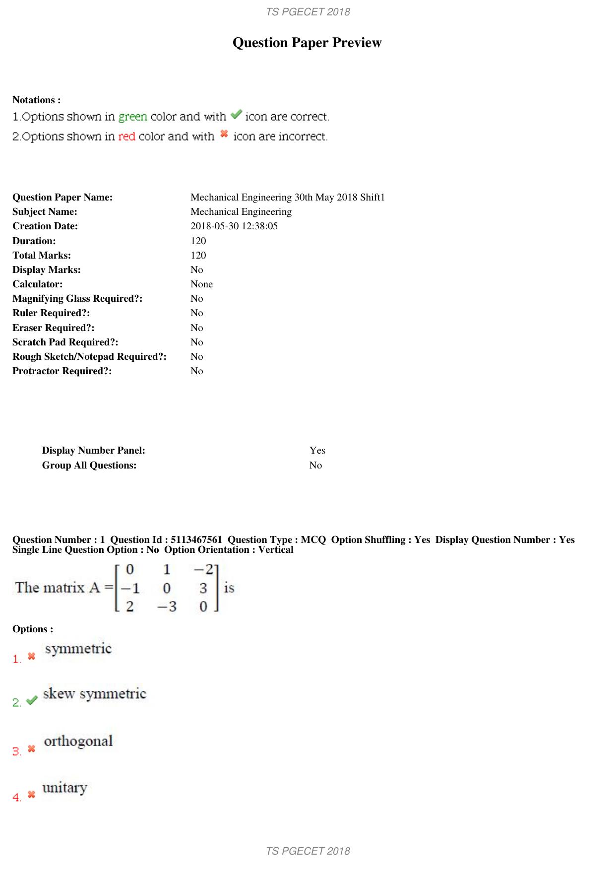 TS PGECET 2018: Mechanical Engineering Question Papers - Page 1
