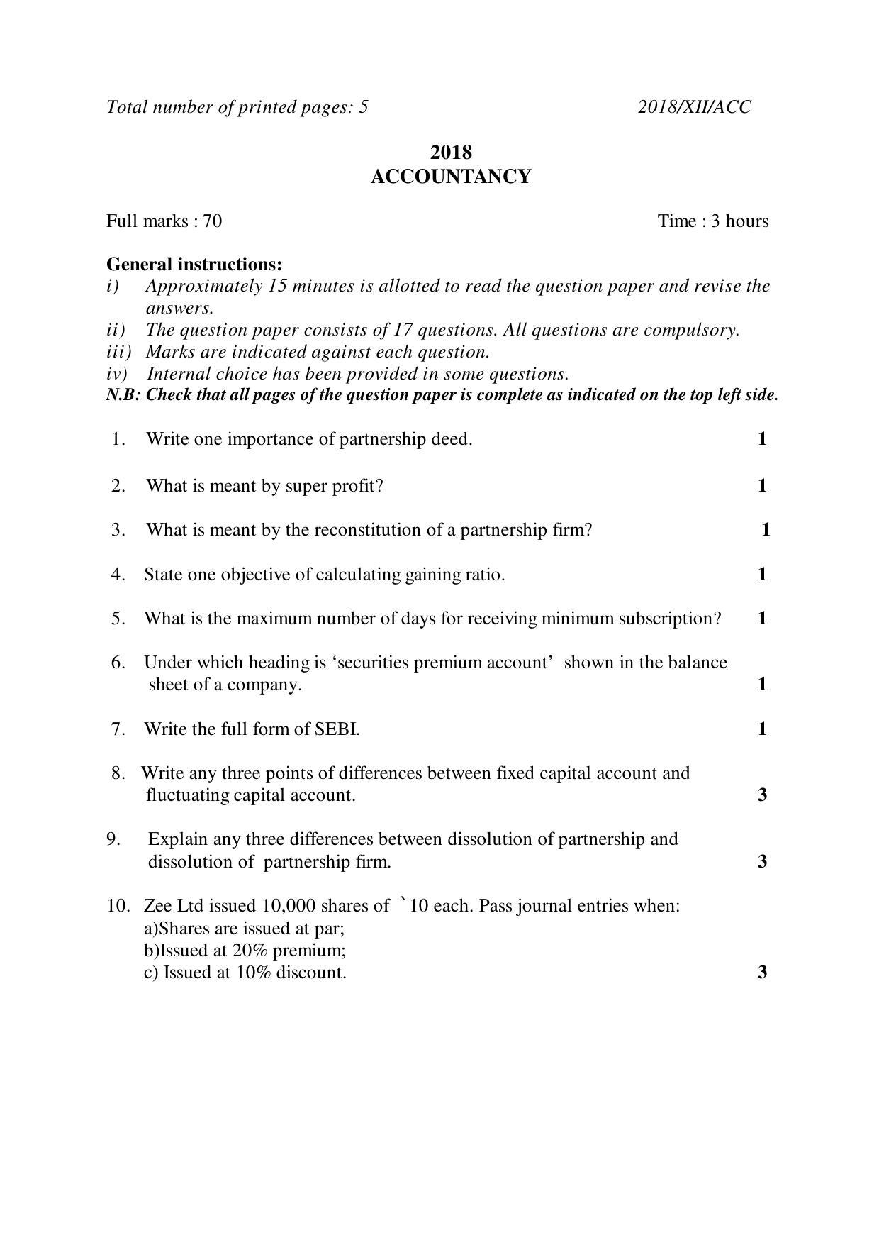 Nagaland Board Class 12 ACCOUNTANCY 2018 Question Papers - Page 1