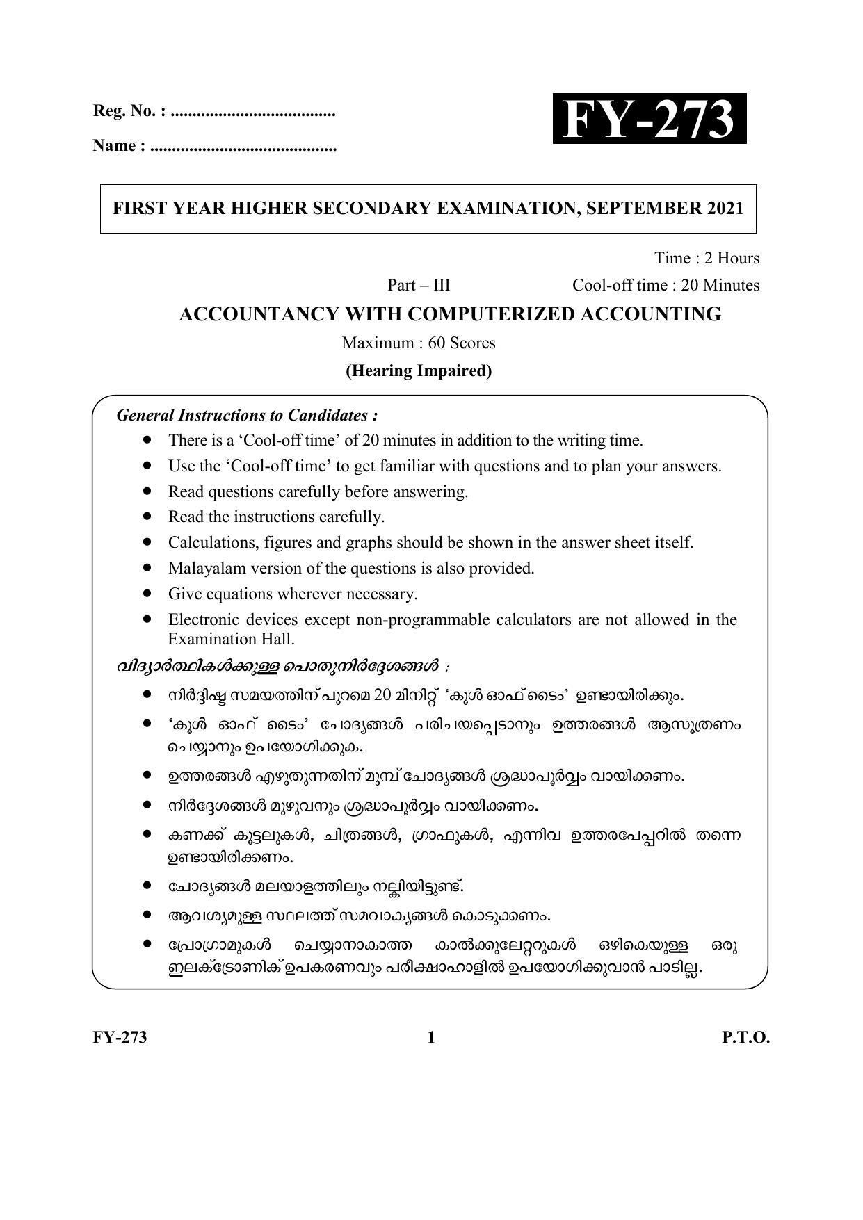Kerala Plus One (Class 11th) Accountancy-CA (Hearing Impaired) Question Paper 2021 - Page 1