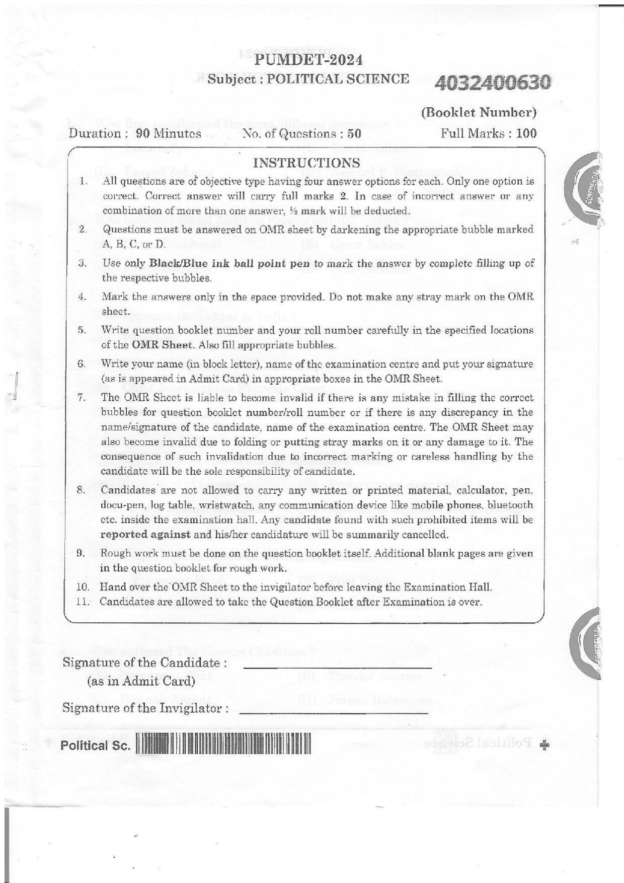 PUMDET 2024 Political Science Question Paper - Page 1