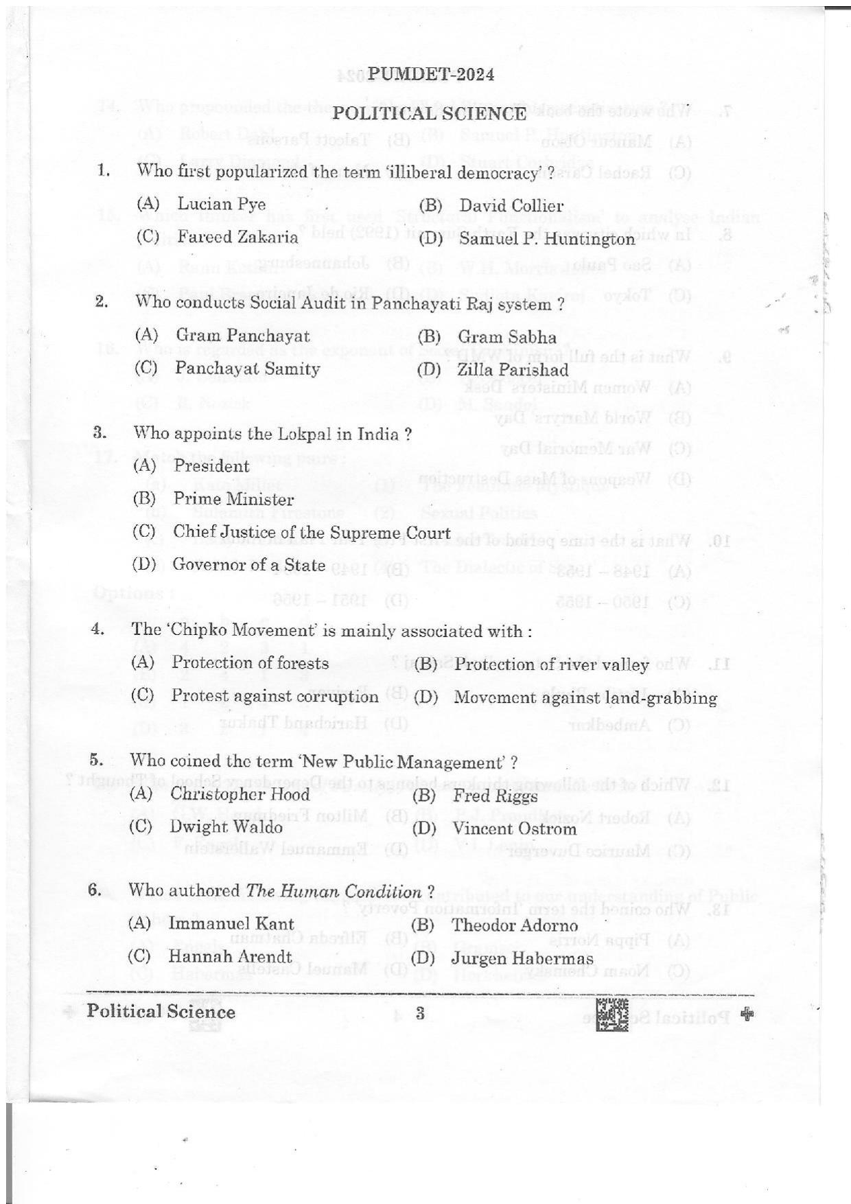 PUMDET 2024 Political Science Question Paper - Page 3