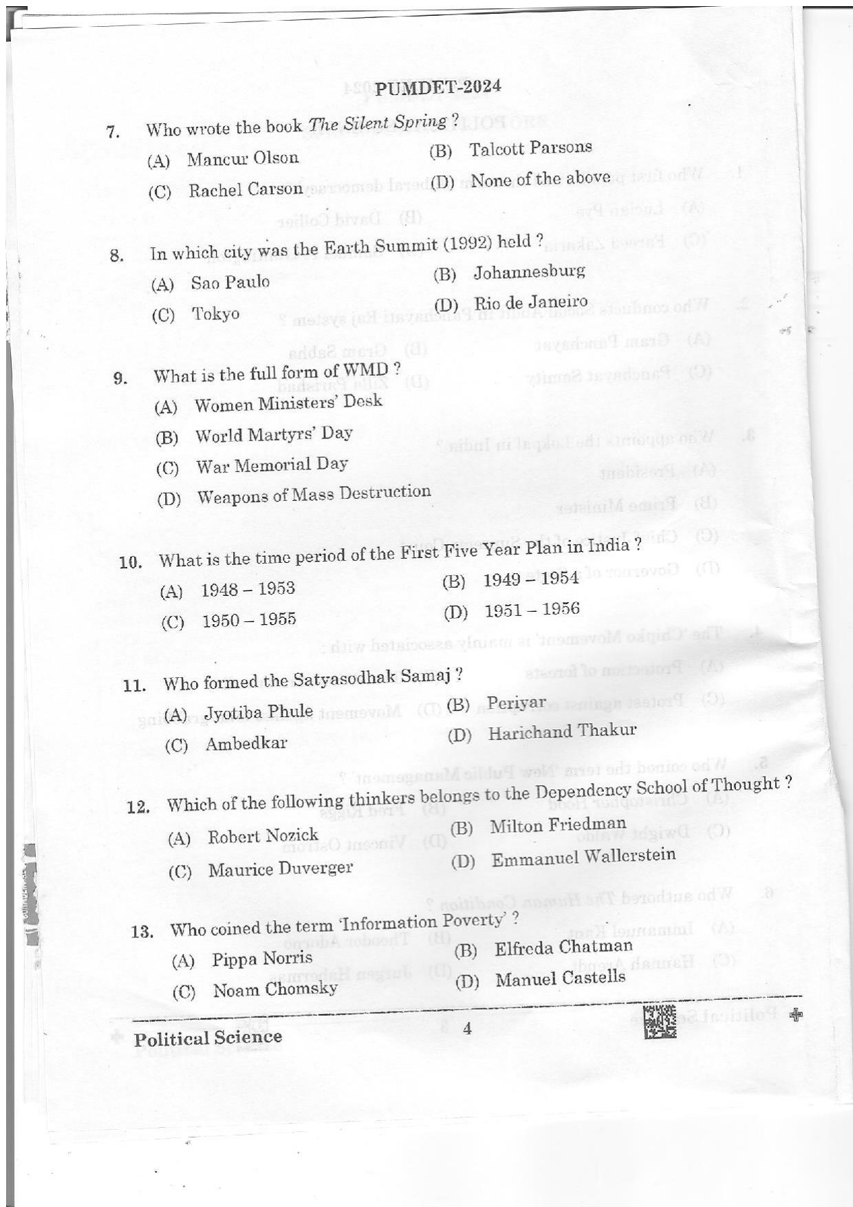 PUMDET 2024 Political Science Question Paper - Page 4