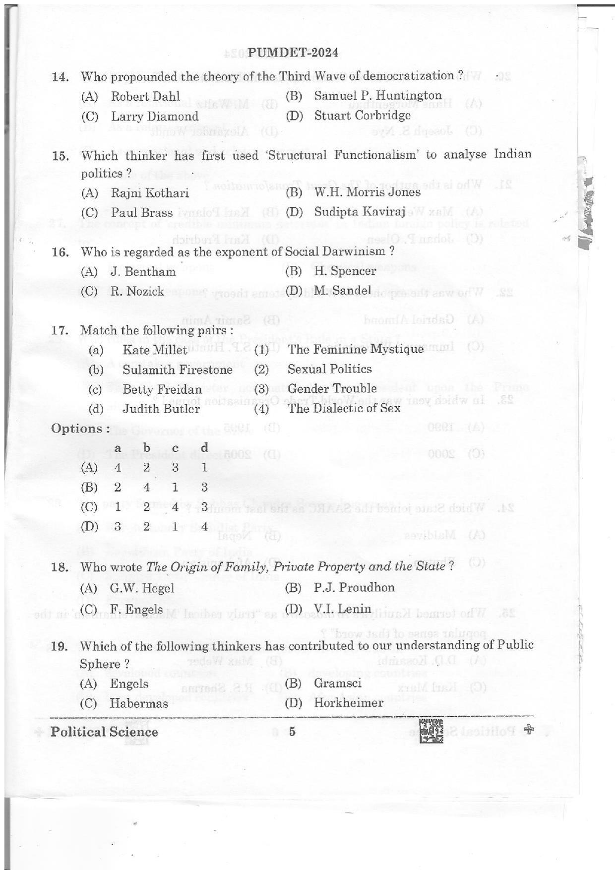 PUMDET 2024 Political Science Question Paper - Page 5