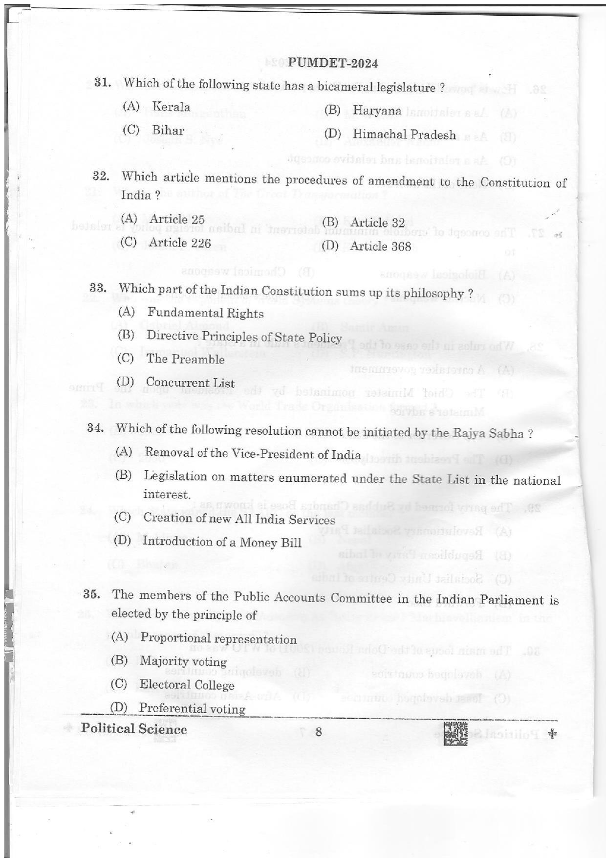 PUMDET 2024 Political Science Question Paper - Page 8