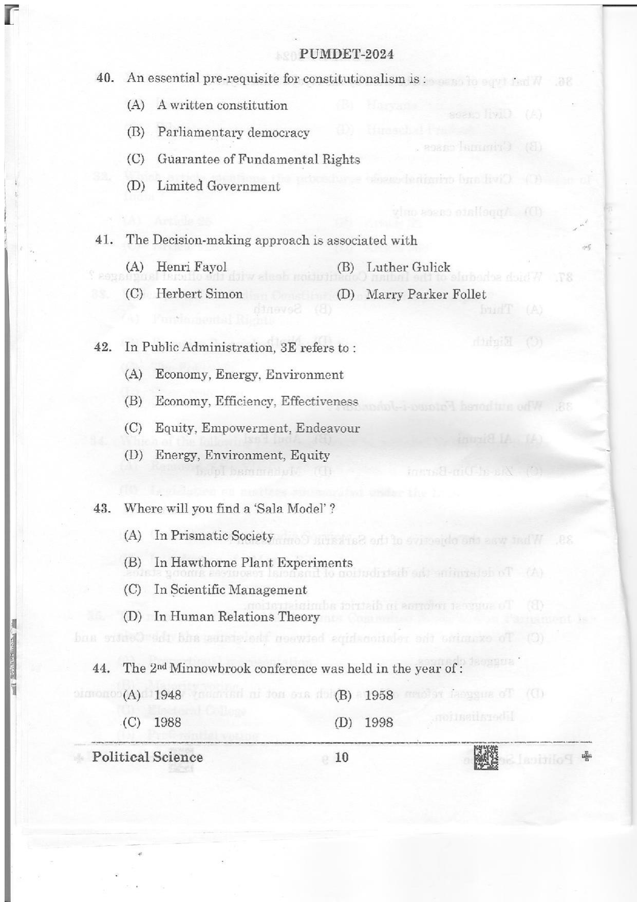PUMDET 2024 Political Science Question Paper - Page 10