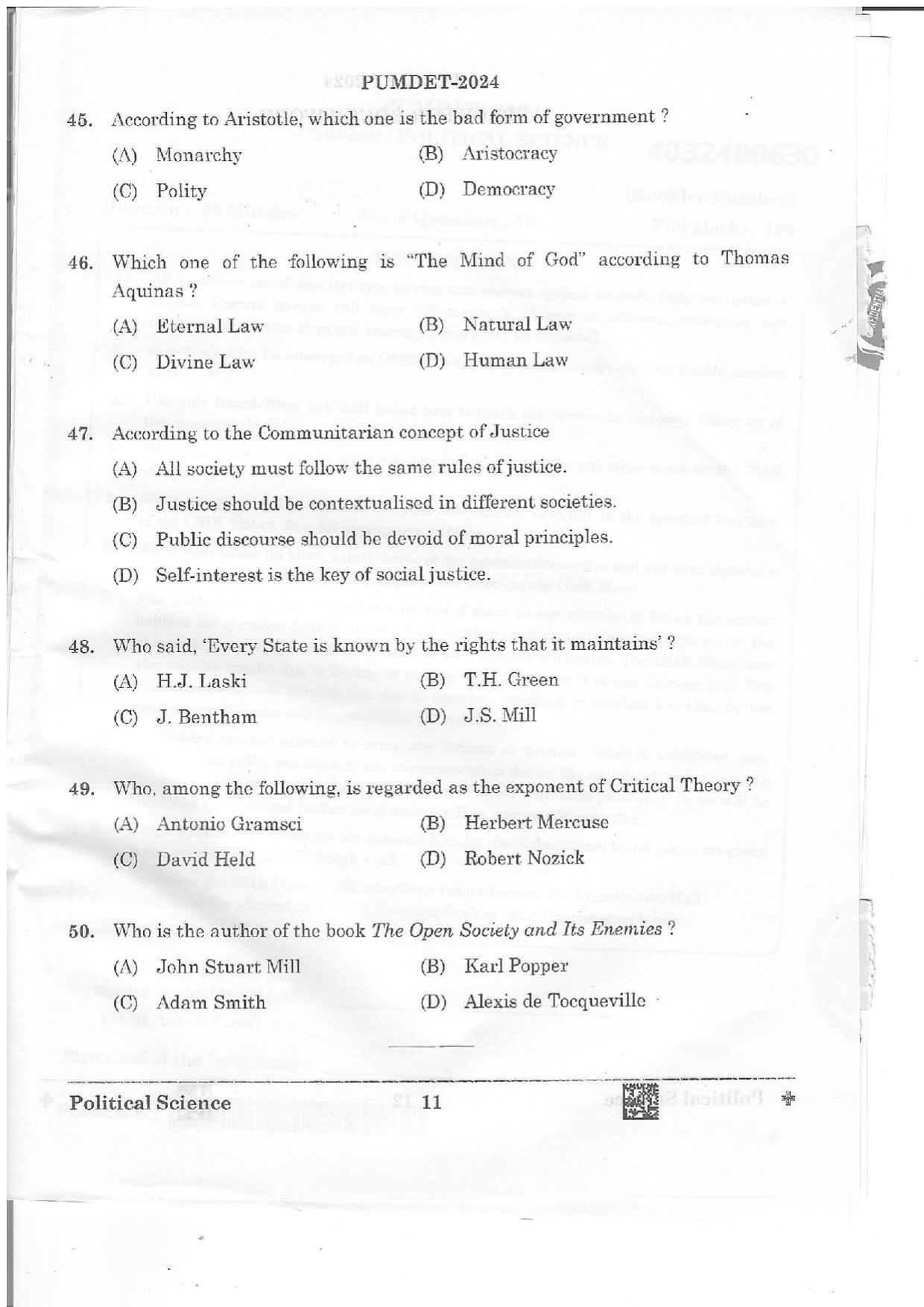 PUMDET 2024 Political Science Question Paper - Page 11
