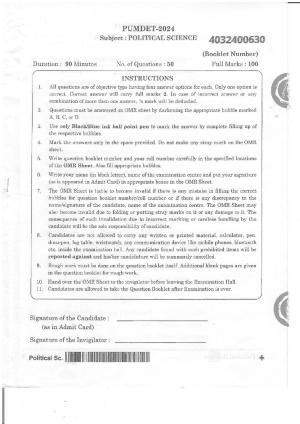 PUMDET 2024 Political Science Question Paper