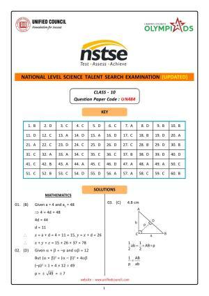 NSTSE 2023 Class 10 Answer Key (Paper Code 484)