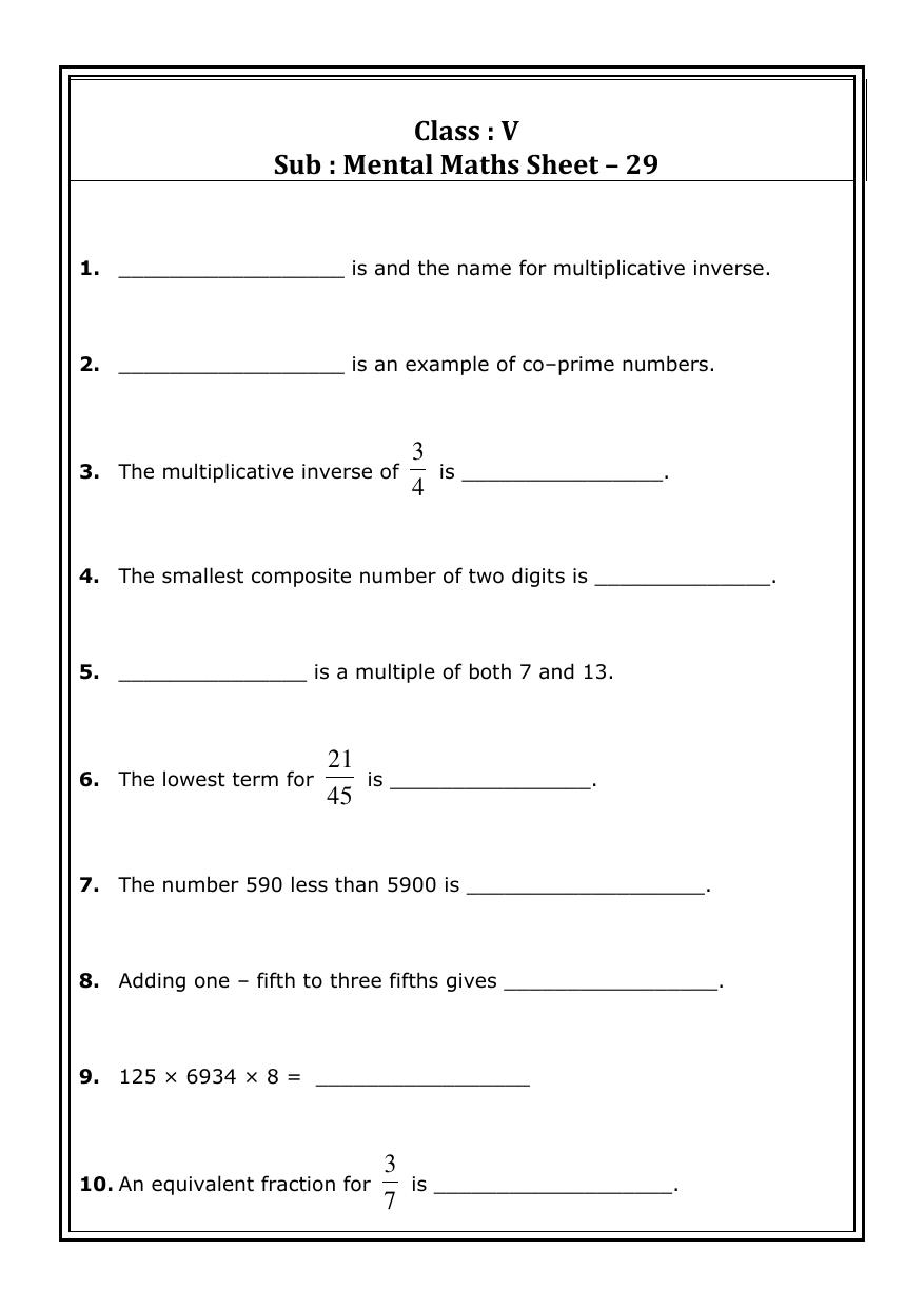 Worksheet for Class 5 Maths Mental Maths Assignment 9 - Page 1