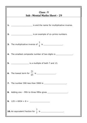 Worksheet for Class 5 Maths Mental Maths Assignment 9