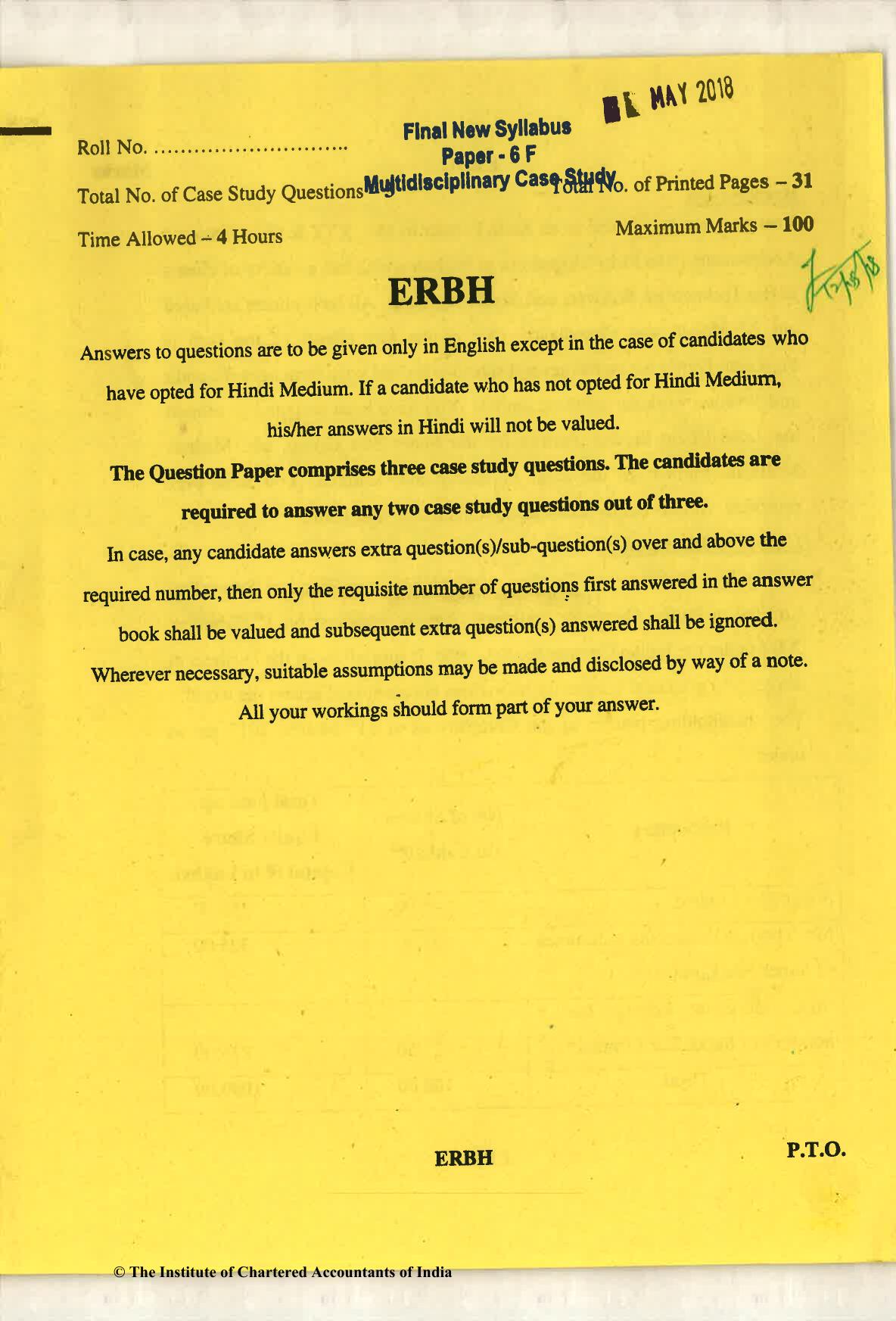 CA Final May 2018 Question Paper - Paper 6F – Multidisciplinary Case Study - Page 1