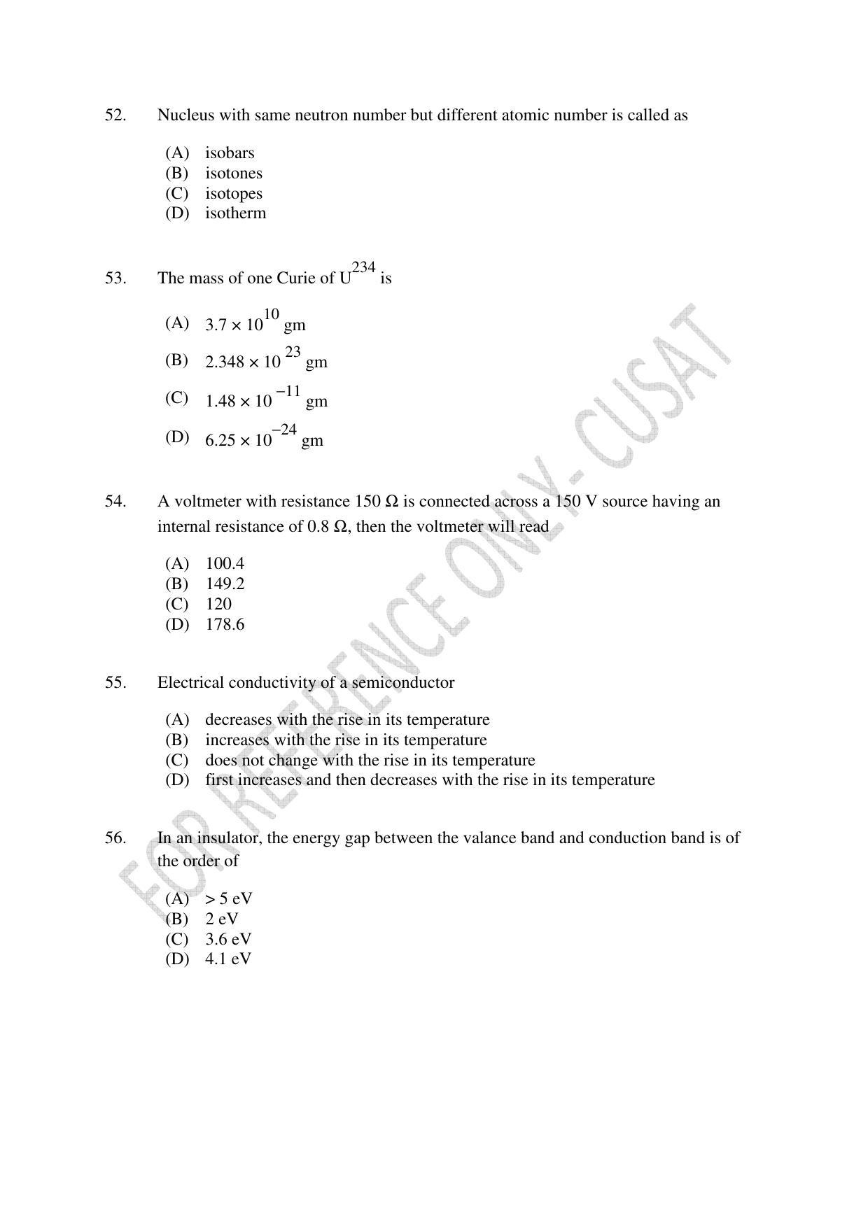 CUSAT CAT 2022 Test in Physics Chemistry and Mathematics (Shift 3) Question Paper - Page 11