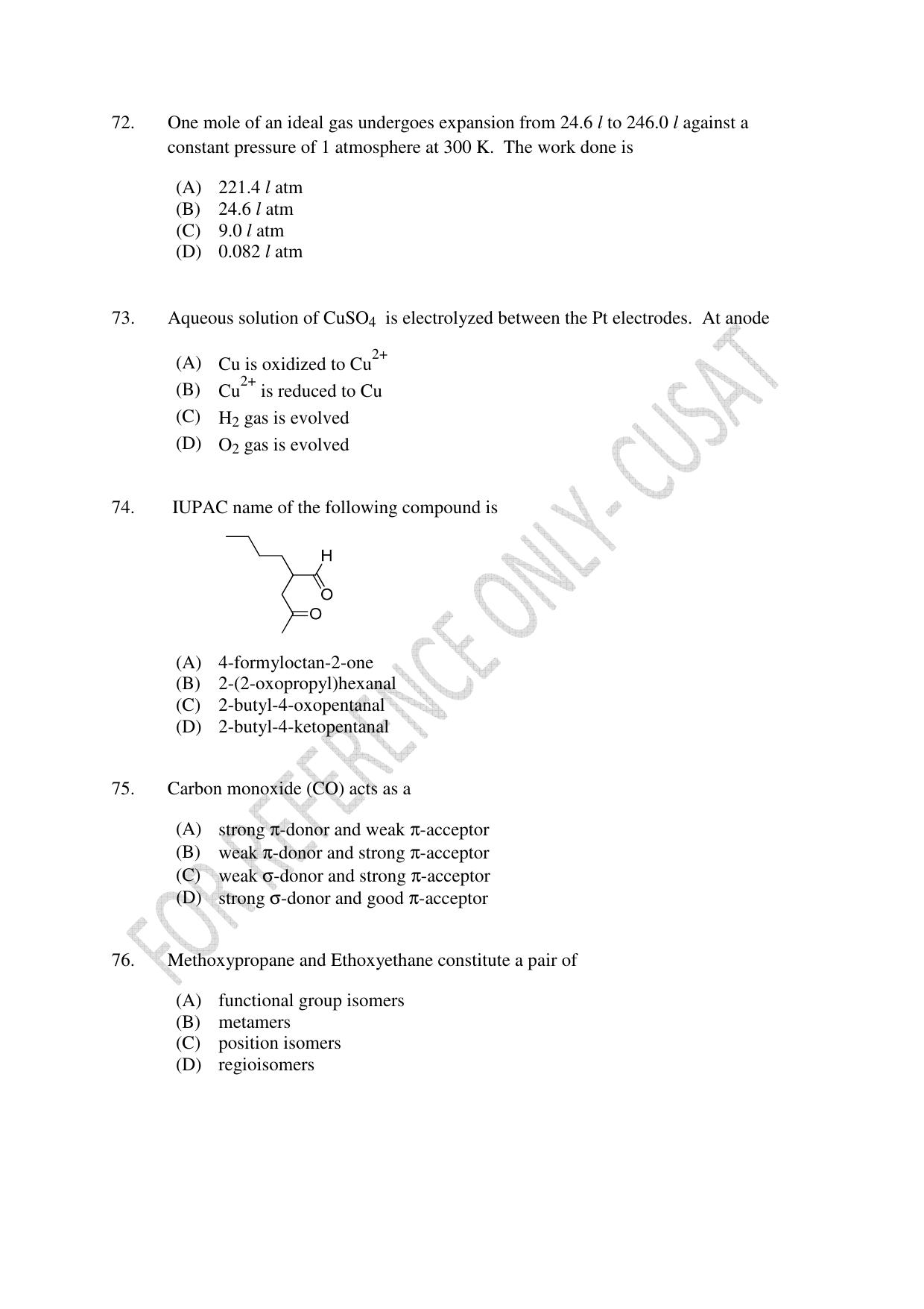 CUSAT CAT 2022 Test in Physics Chemistry and Mathematics (Shift 3) Question Paper - Page 15