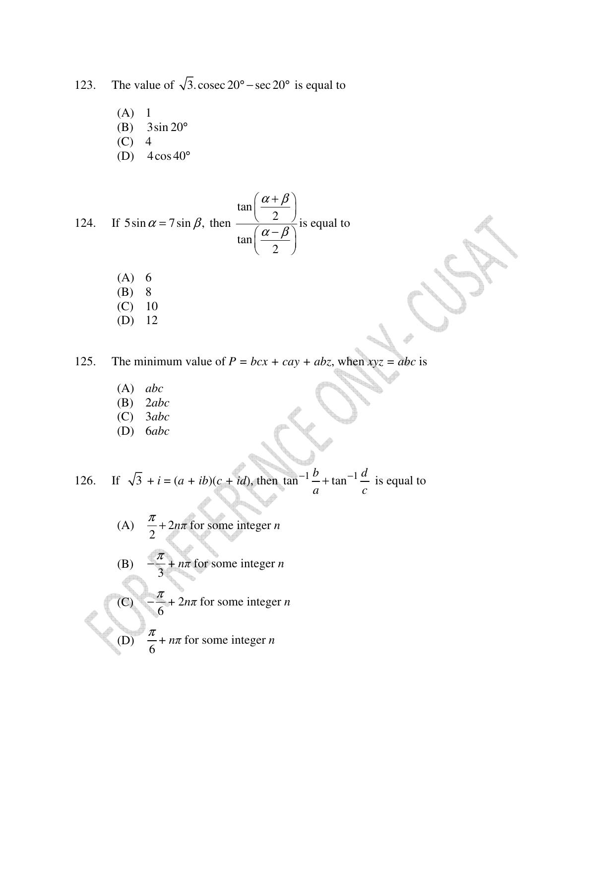 CUSAT CAT 2022 Test in Physics Chemistry and Mathematics (Shift 3) Question Paper - Page 26