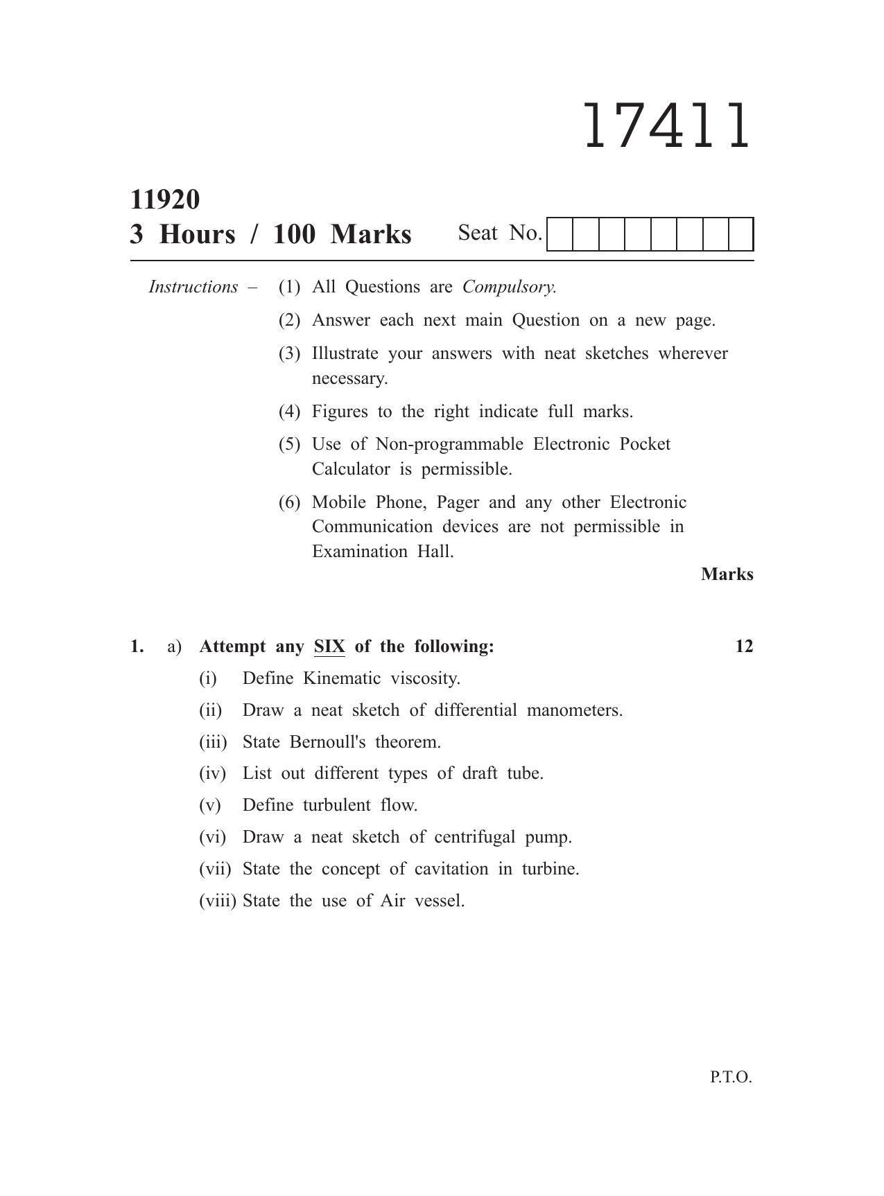 MSBTE Winter Question Paper 2019 - Fluid Mechanics and Machinery - Page 1