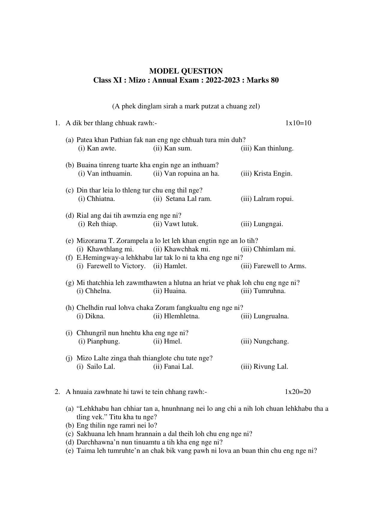 Tripura Board Mizo Question Paper 2023 - Page 1