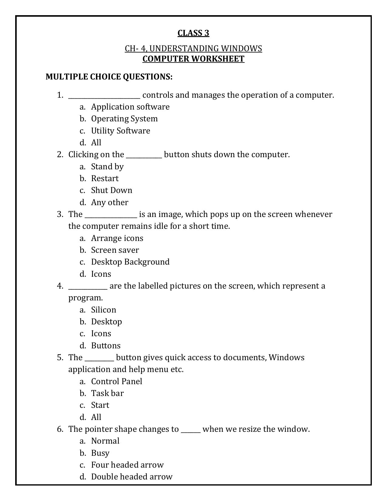 Worksheet for Class 3 Computers Assignment 9 Understanding Windows - Page 1
