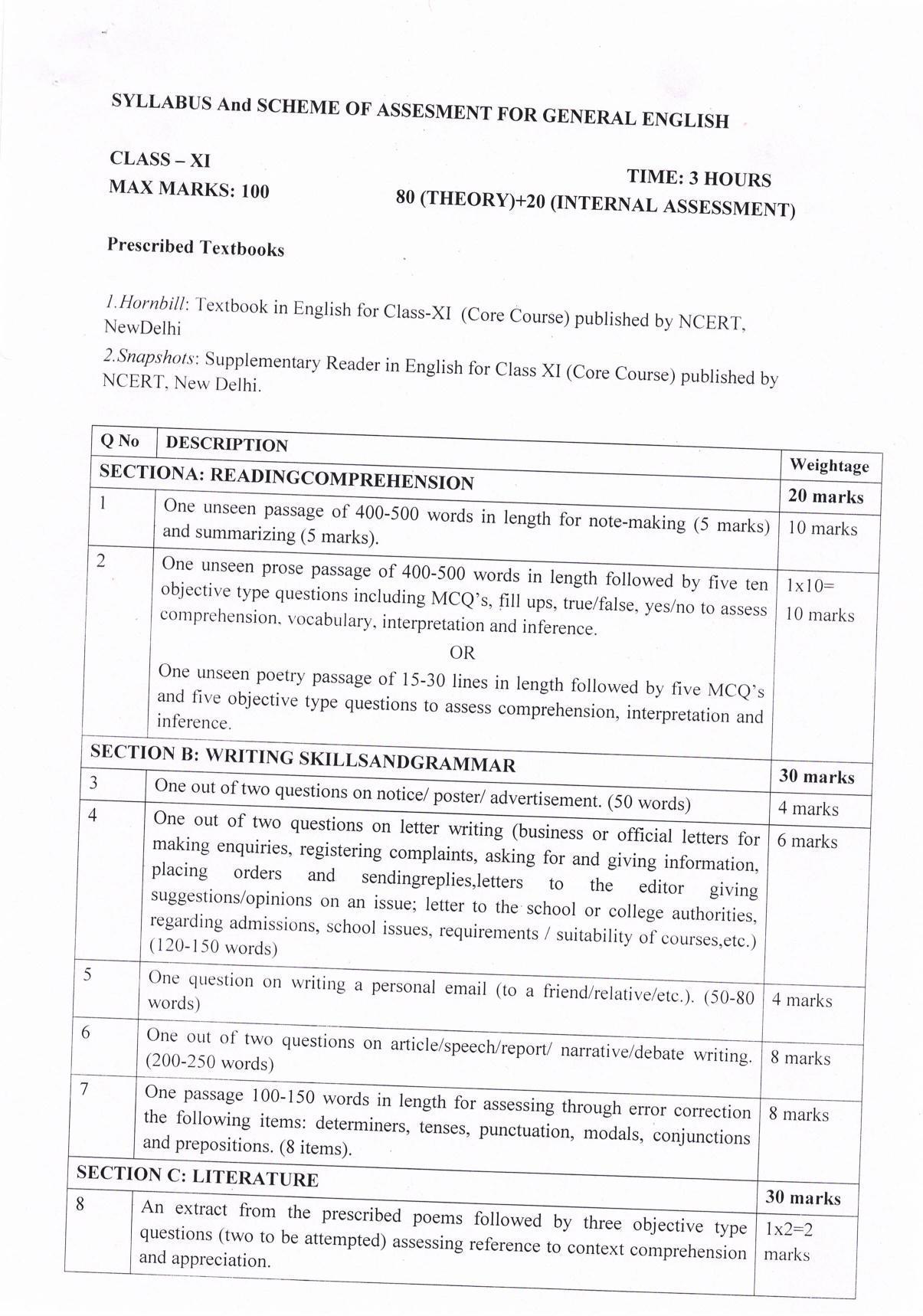 JKBOSE Class 11 General English Model Question Paper 2023 - Page 1