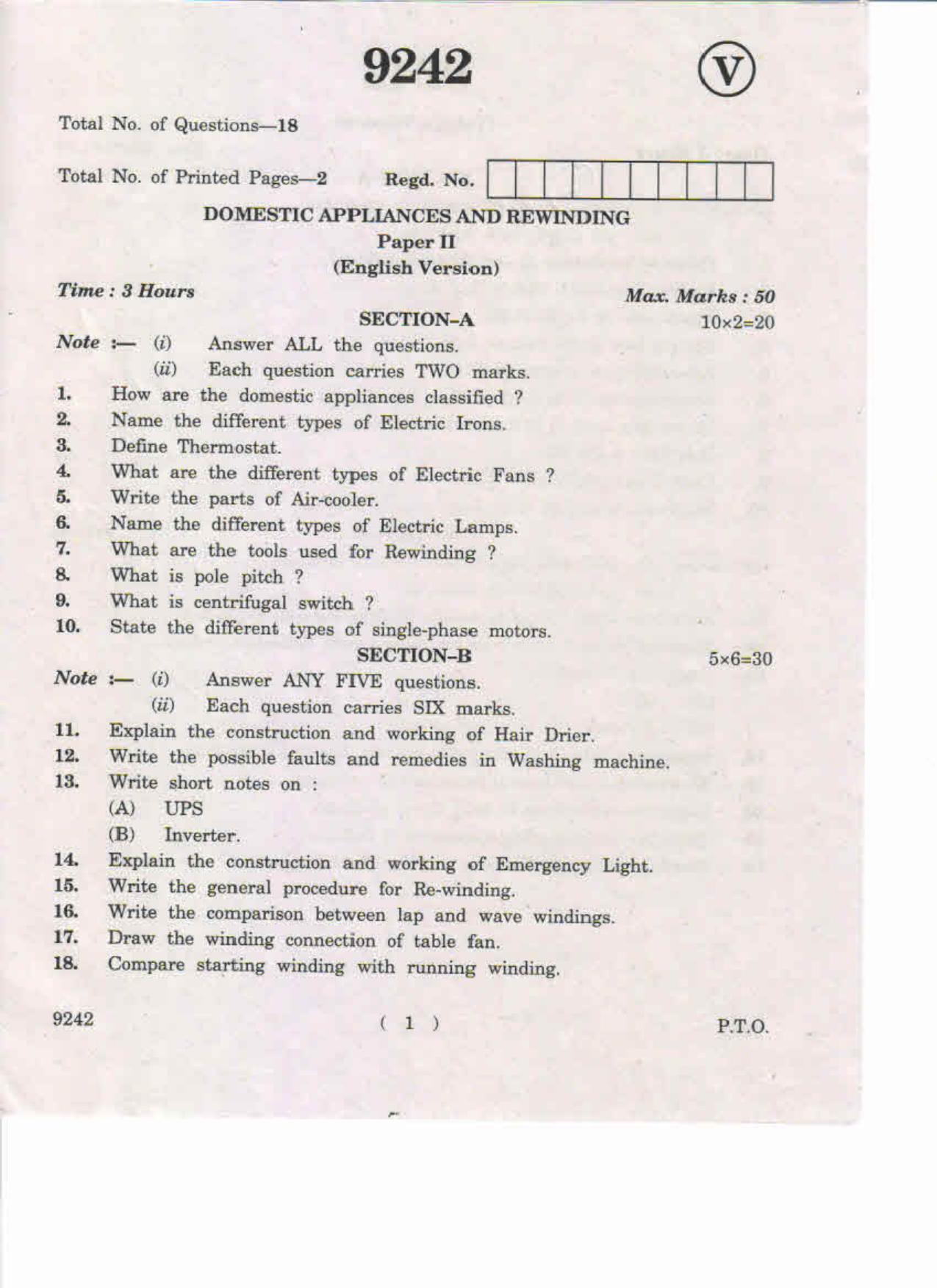 AP Inter 2nd Year Domestic Appliances and Rewinding-II May-2019-Vocational Question Paper - Page 1