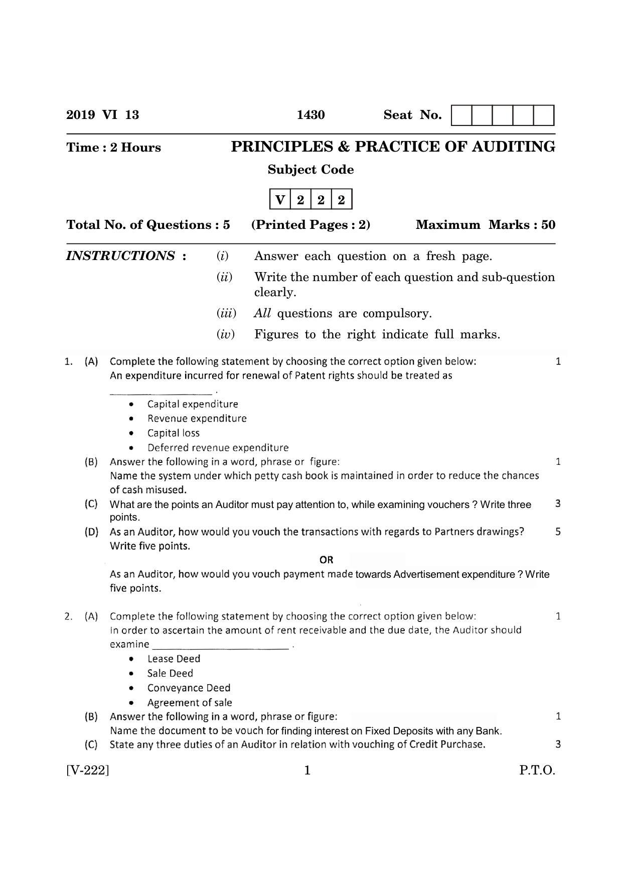 Goa Board Class 12 Principles & Practice of Auditing  2019 (June 2019) Question Paper - Page 1