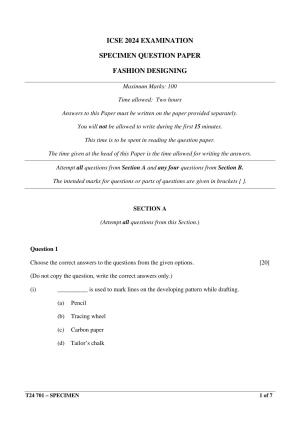 ICSE Class 10  2024 FASHION DESIGNING Sample Paper
