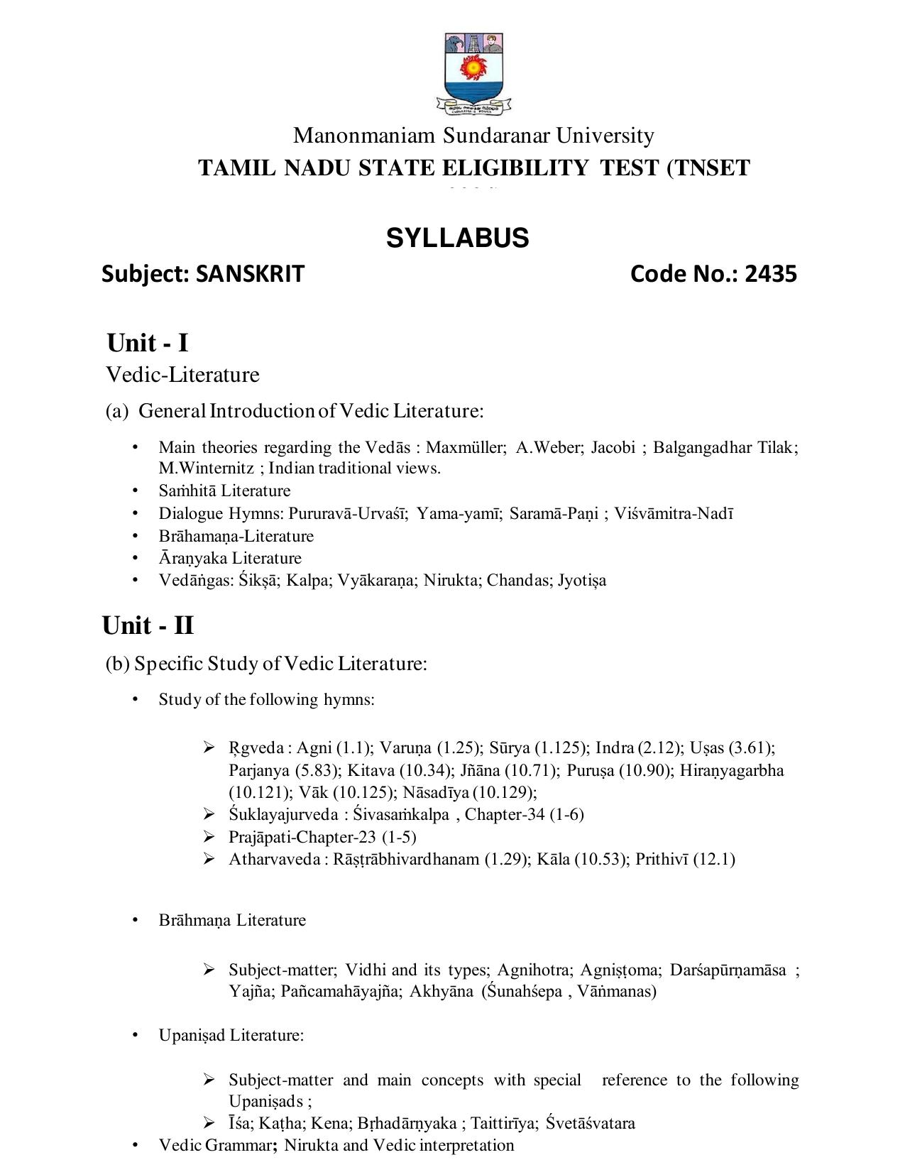 TNSET Syllabus - Sanskrit - Page 1