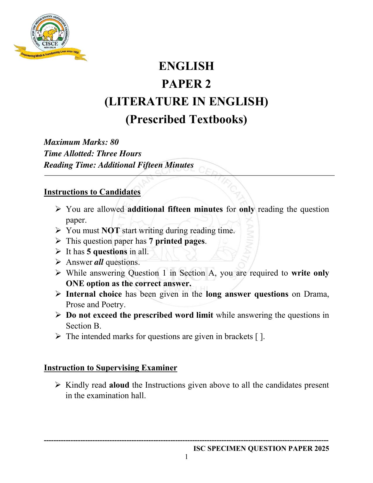 ISC Class 12 2025 Literature In English (English Paper-2)  (SQP & AK) Specimen Paper - Page 1