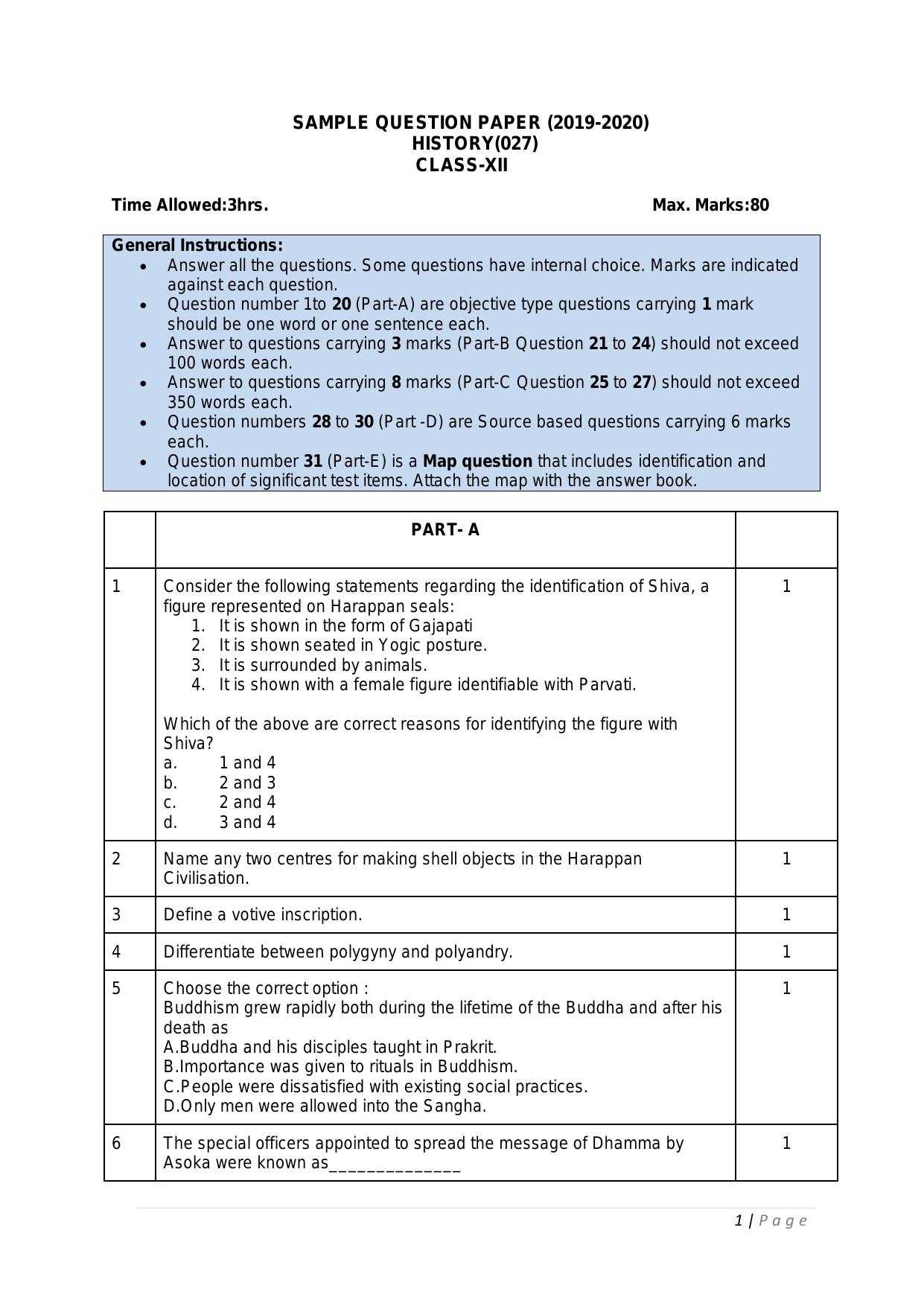 CBSE Class 12 History -Sample Paper 2019-20 - Page 1