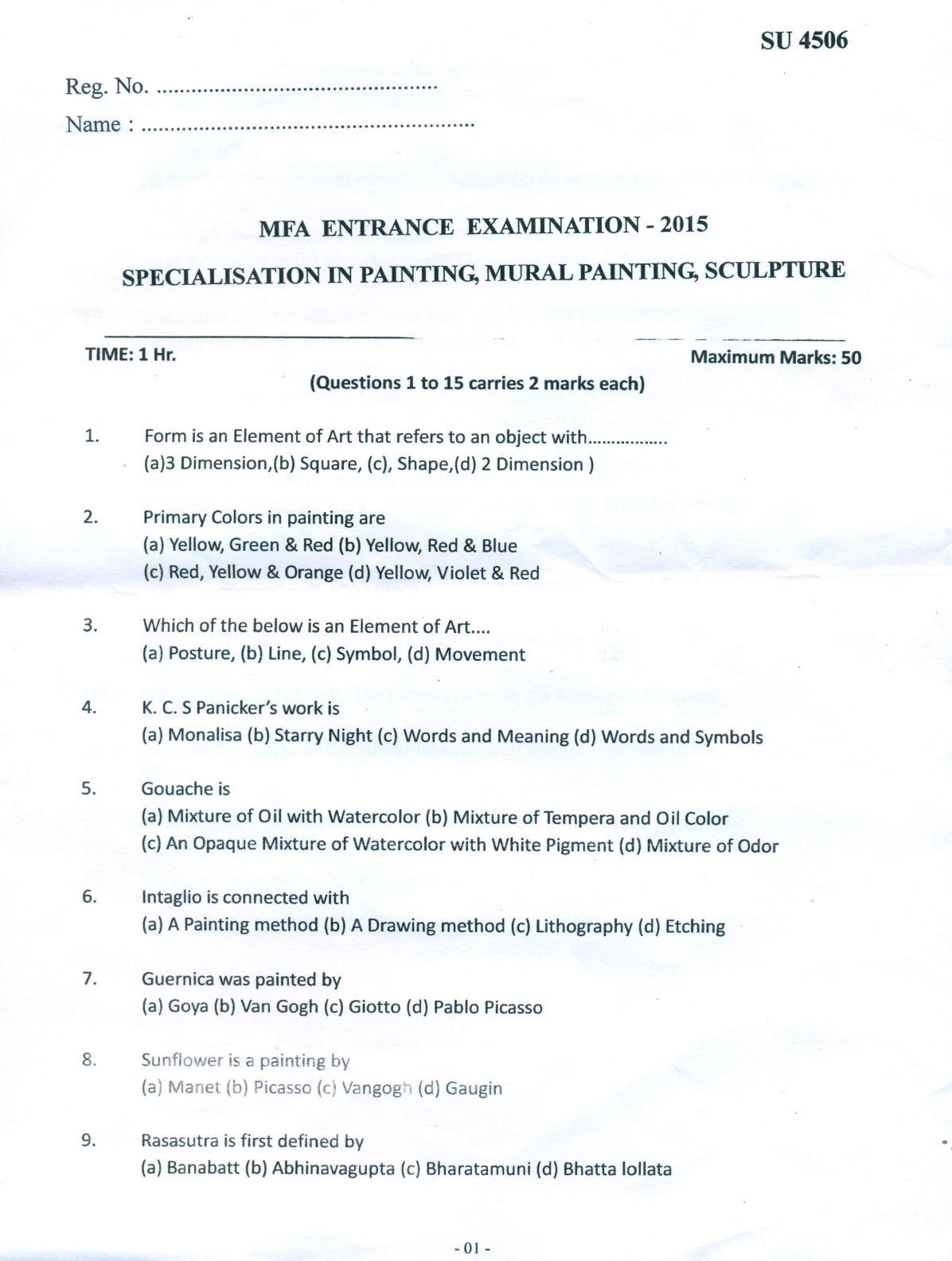 SSUS Entrance Exam SPECIALISATION IN PAINTING,MURAL PAINTING,SCULPTURE 2015 Question Paper - Page 1