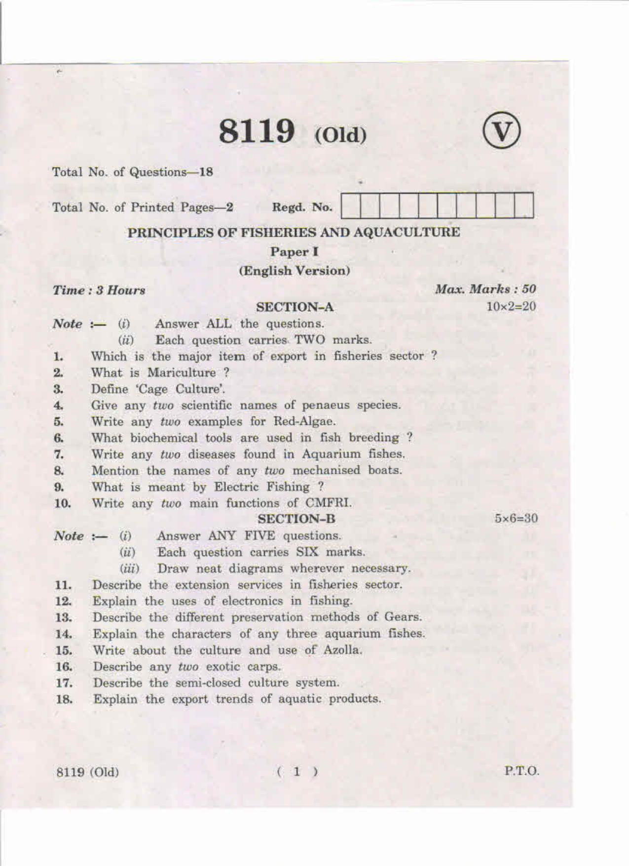 AP Inter 1st Year Principles of Fisheries and Aquaculture-I (Old) May-2019-Vocational Question Paper - Page 1