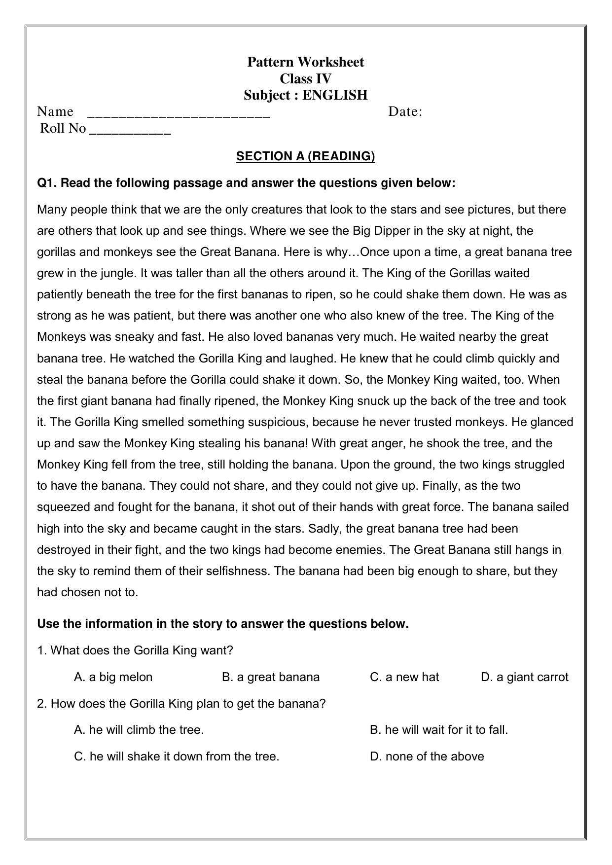 Worksheet for Class 4 English Assignment 47 - Page 1