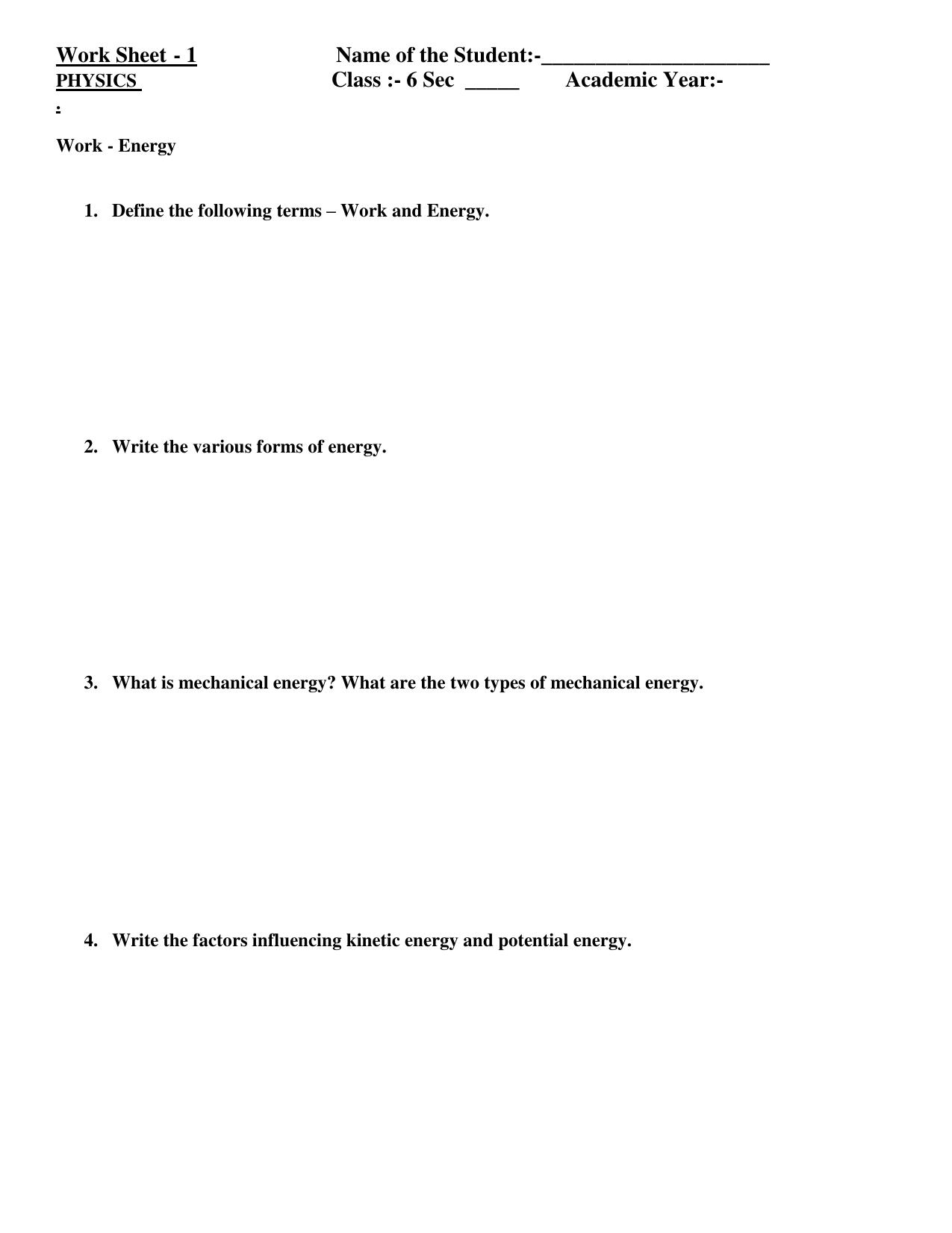 CBSE Worksheets for Class 6 Physics Work Energy Assignment 5 - Page 1