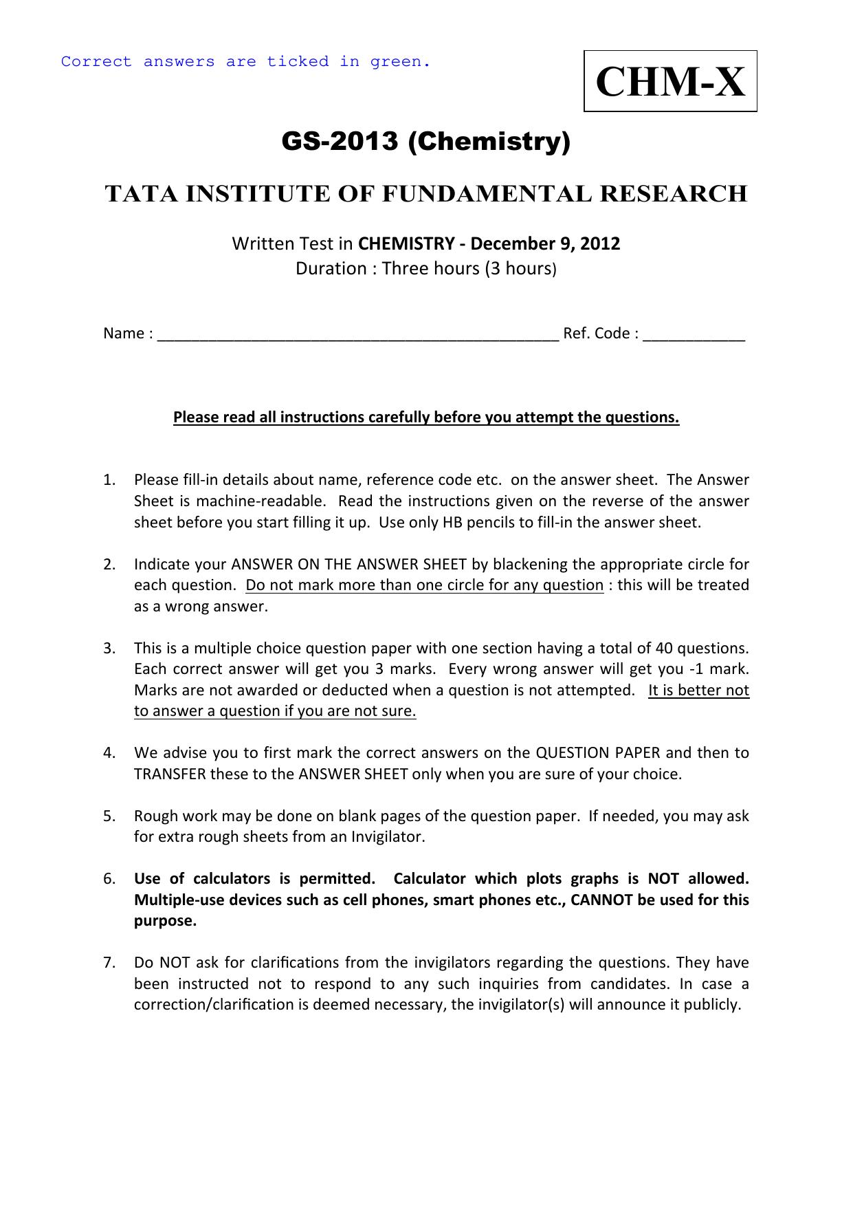 TIFR GS 2013 Chemistry X Question Paper - Page 1