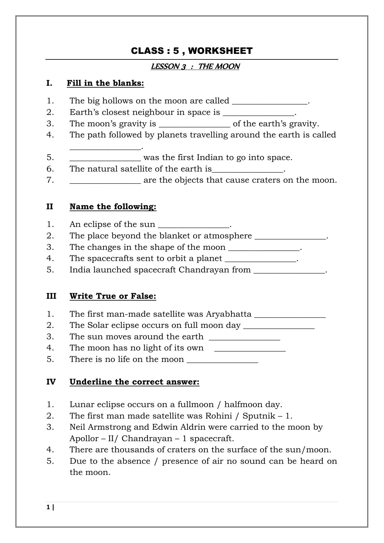 Worksheet for Class 5 Science The Moon Assignment 4 - Page 1